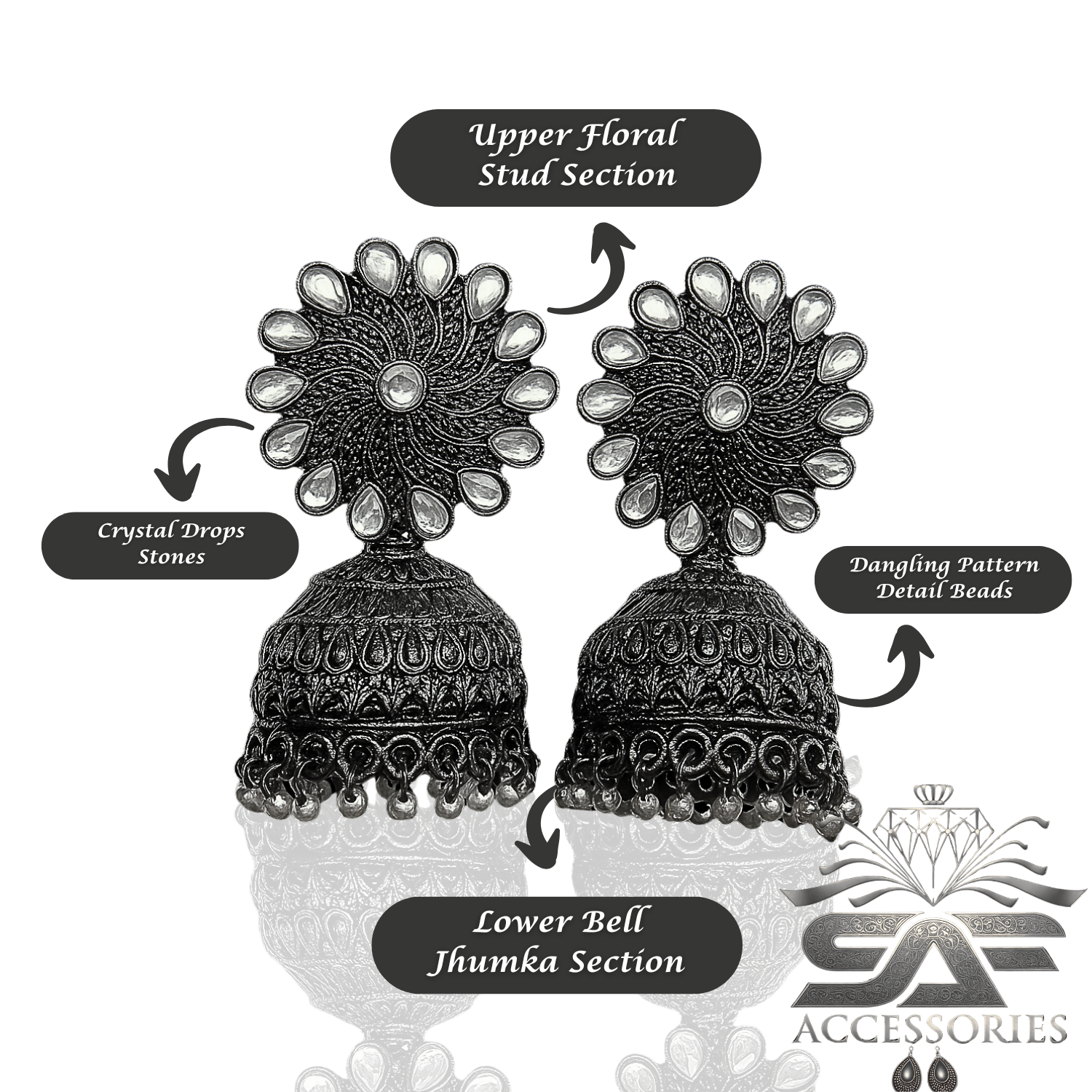 Black Antique Dome Jhumkis with Reflective Petals