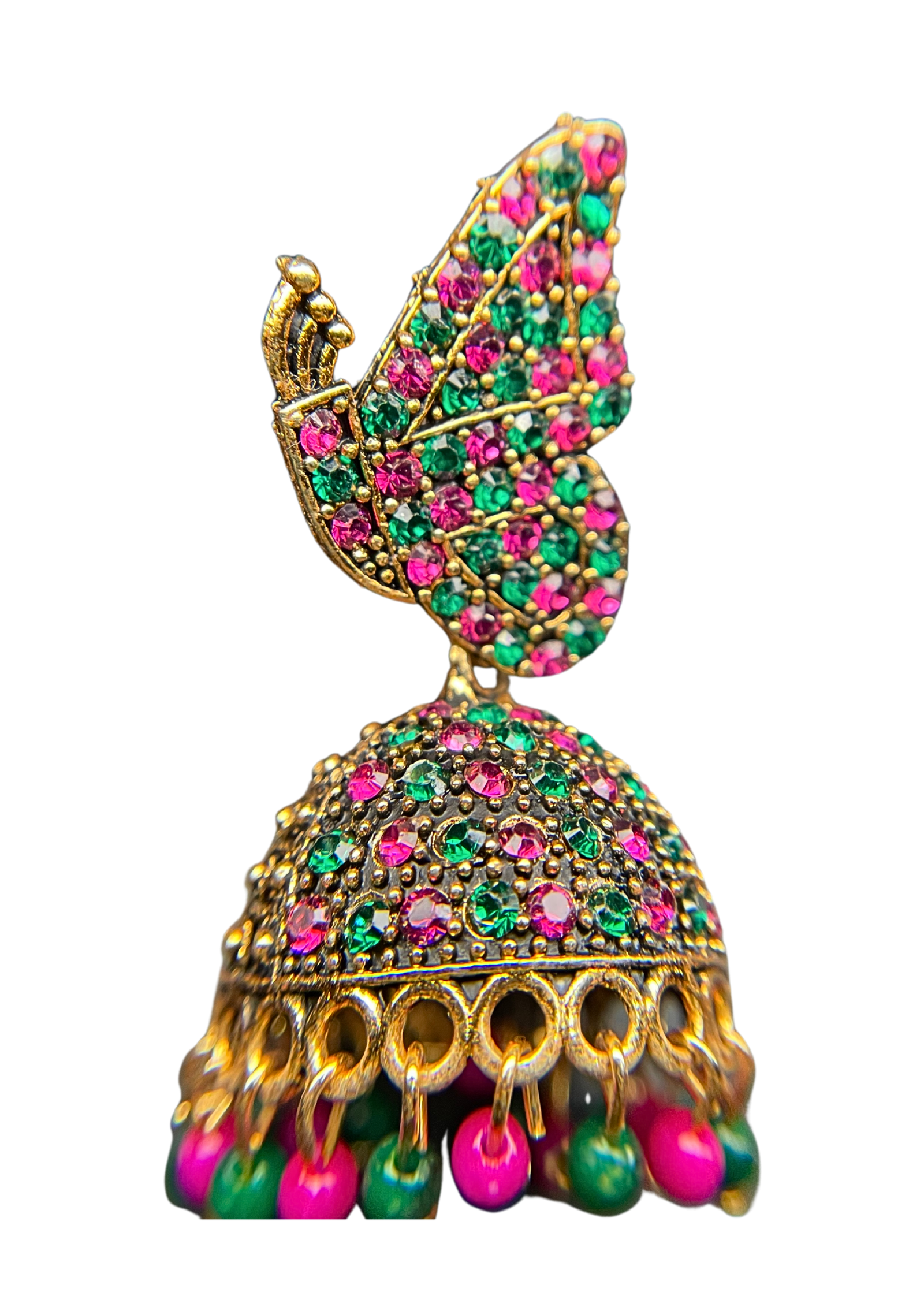 Butterfly Design Pink & Green Stone Studded  Jhumka Earings