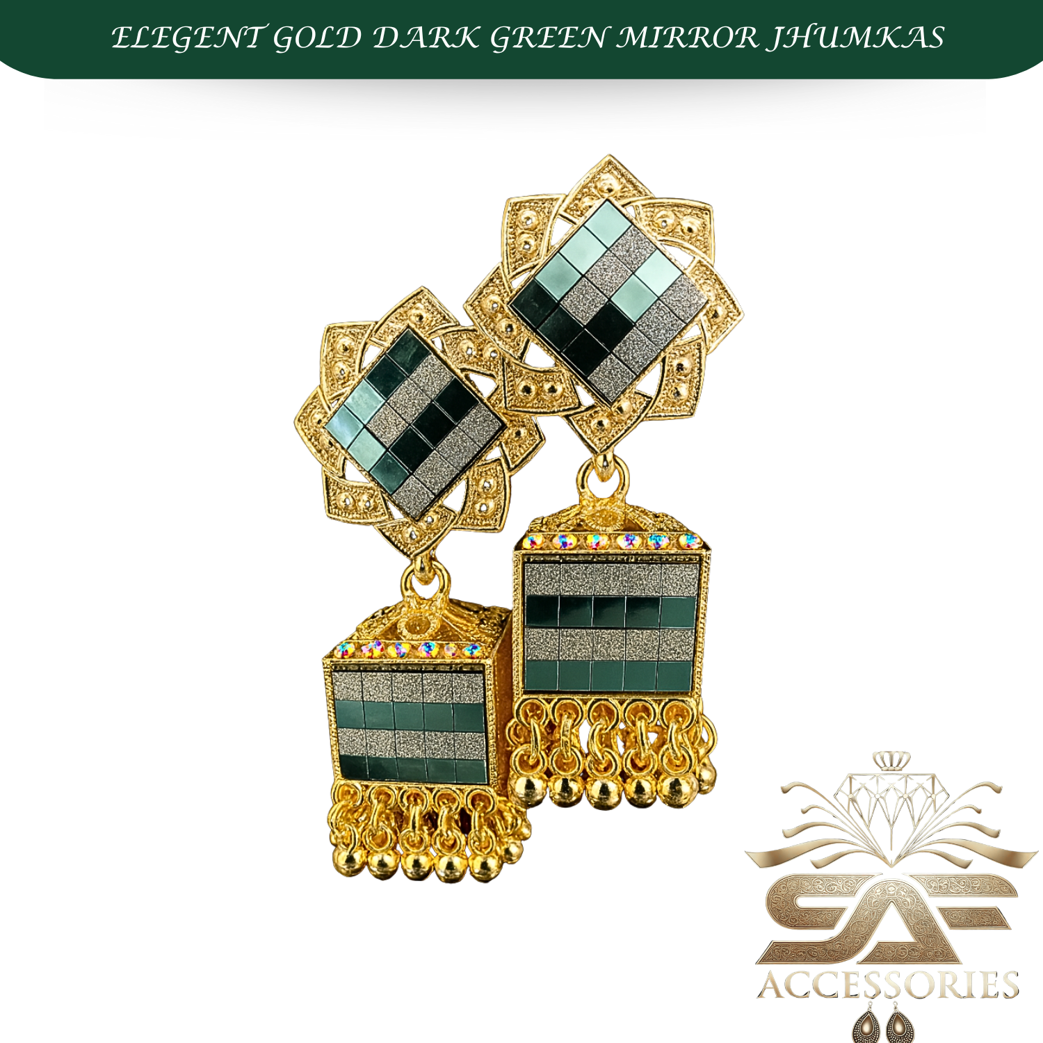 Elegant Green Mirror Work Statement Earings