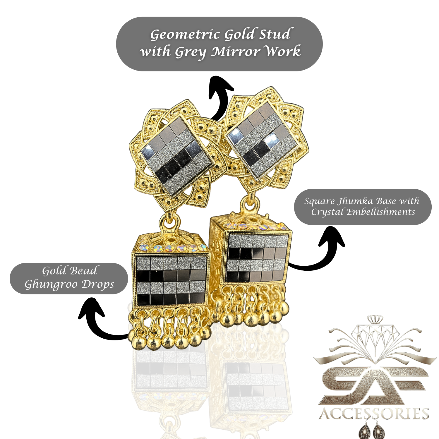 Elegant Gray Mirror Work Statement Earings