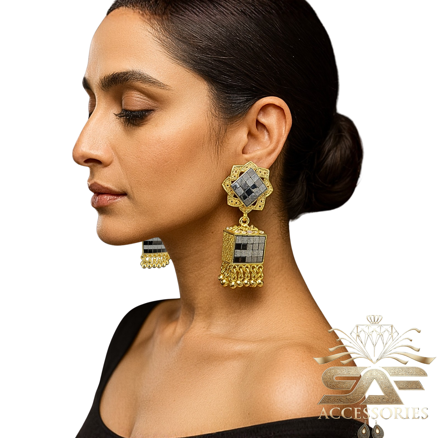 Elegant Gray Mirror Work Statement Earings