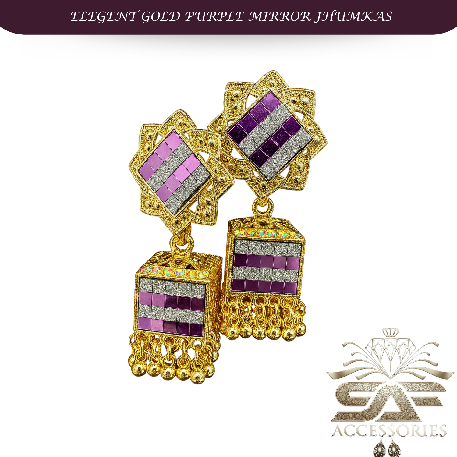 Elegant Purple Mirror Work Statement Earings