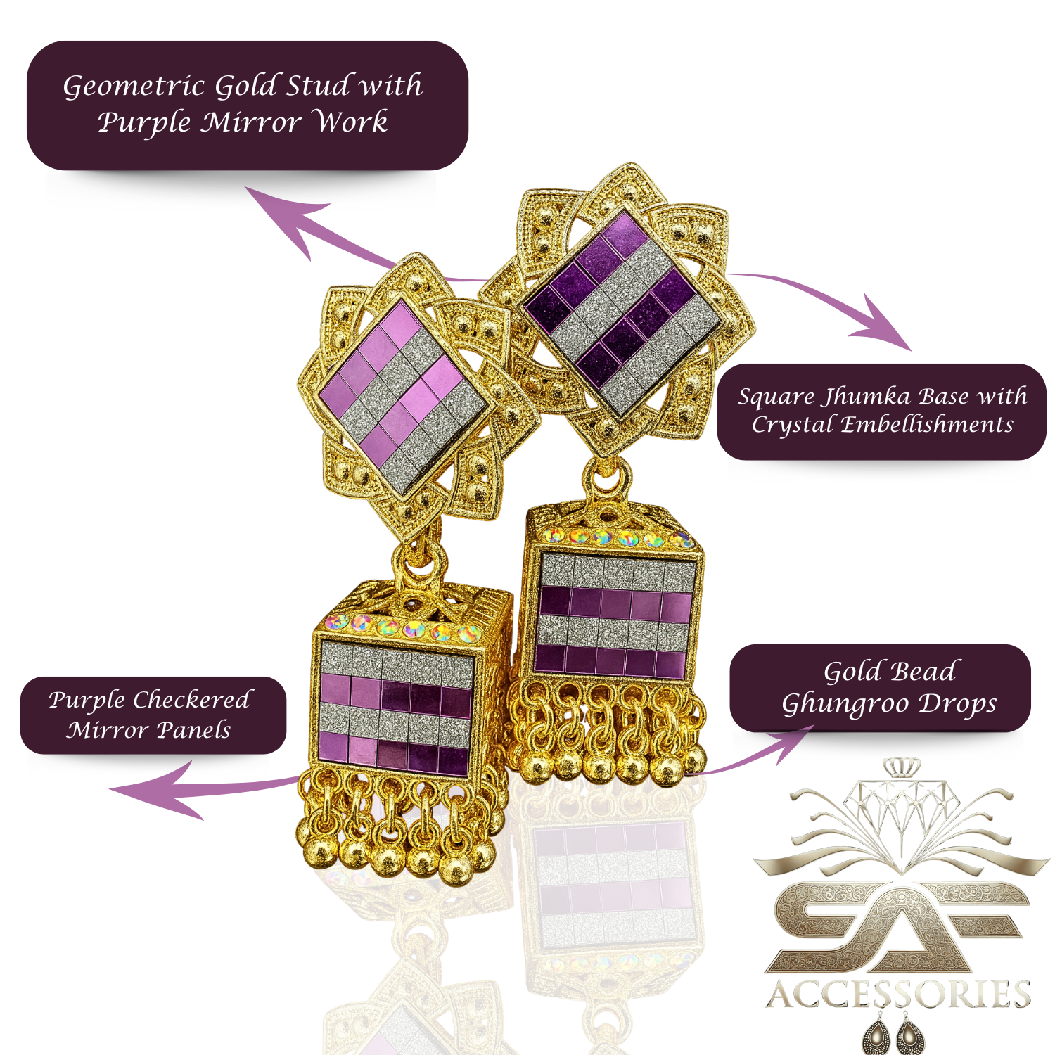Elegant Purple Mirror Work Statement Earings