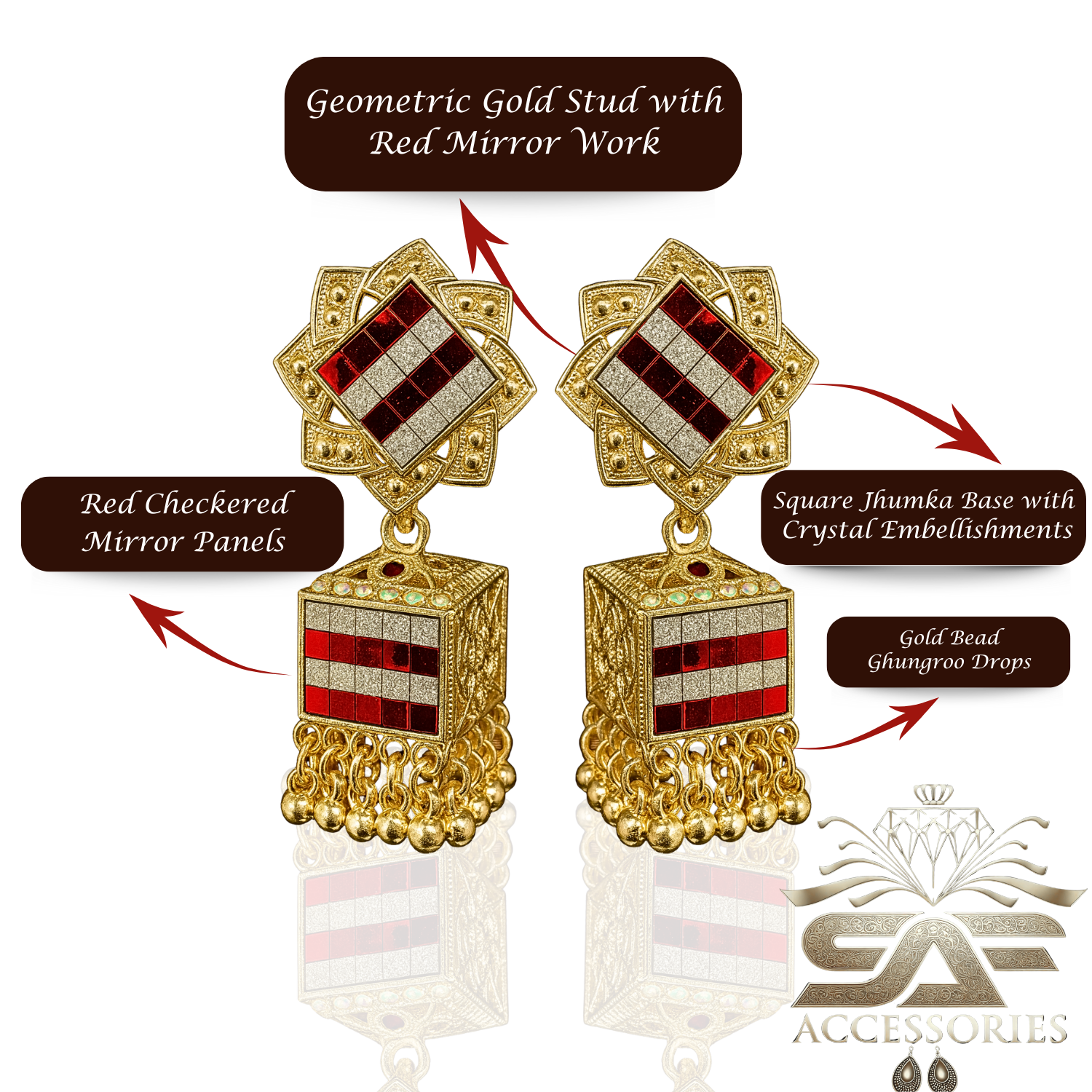 Elegant Red Mirror Work Statement Earings