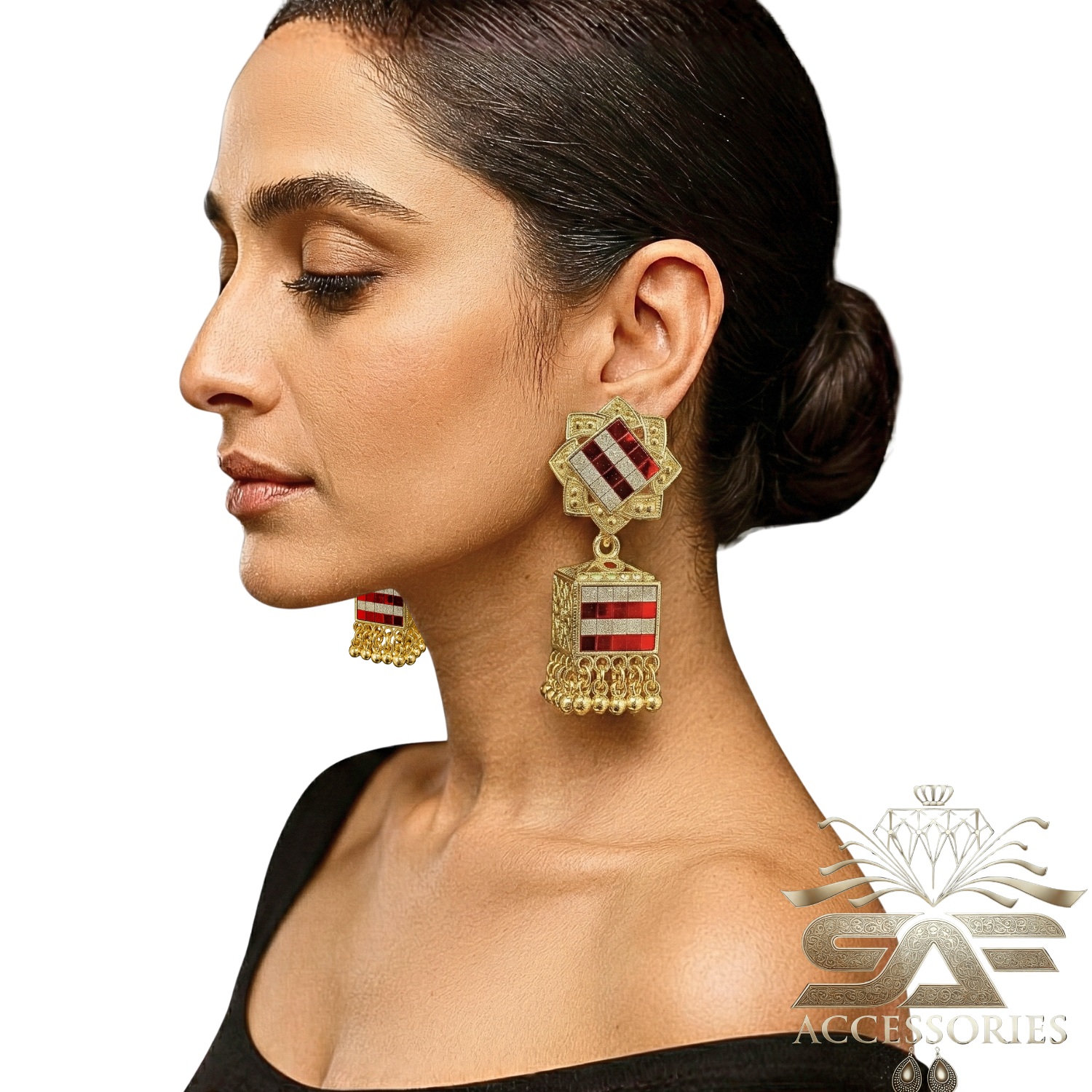 Elegant Red Mirror Work Statement Earings