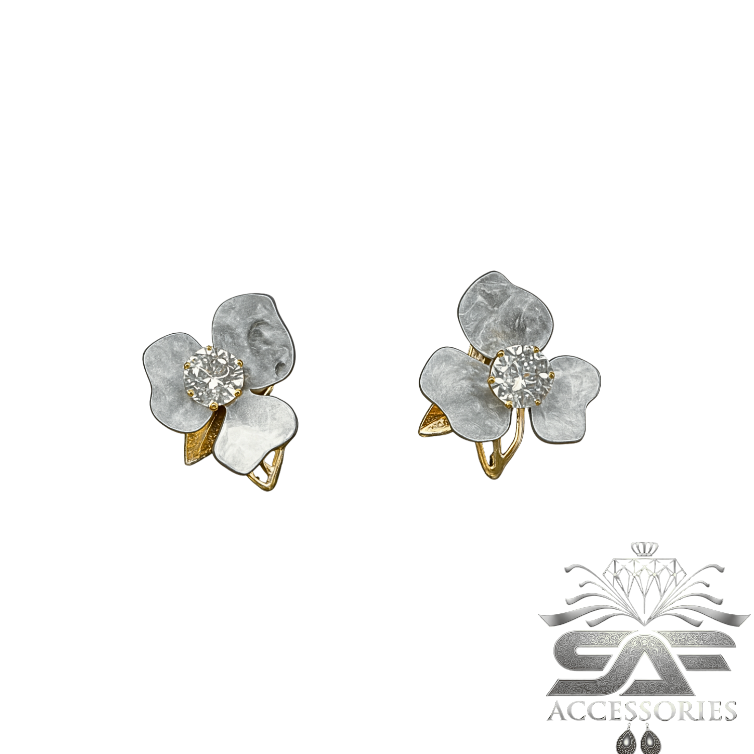 Floral Black Stud with Crystal Center Earrings