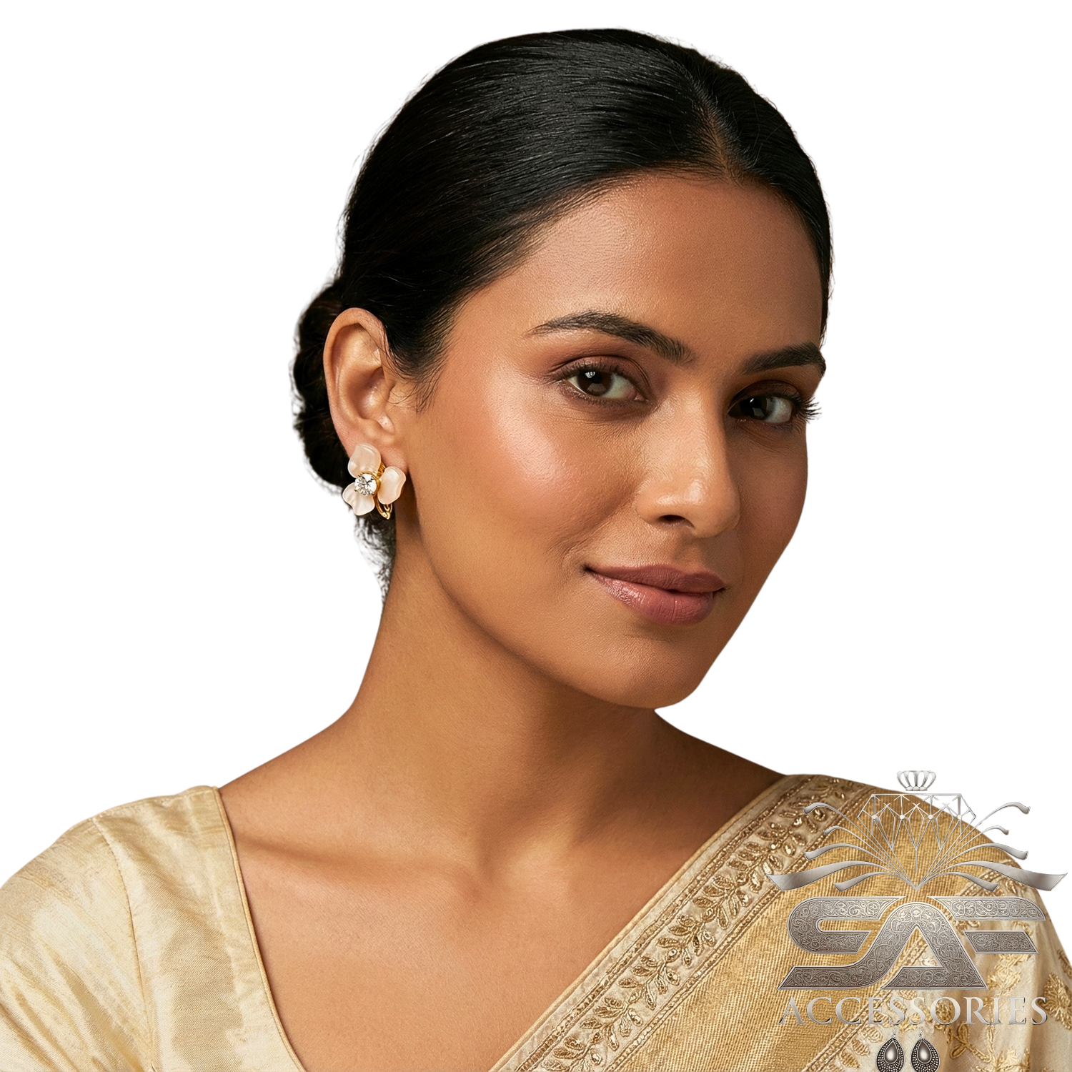 Floral Cream Stud with Crystal Center Earrings