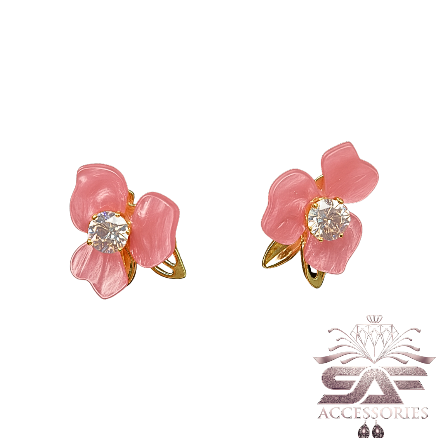 Floral Pink Stud with Crystal Center Earrings