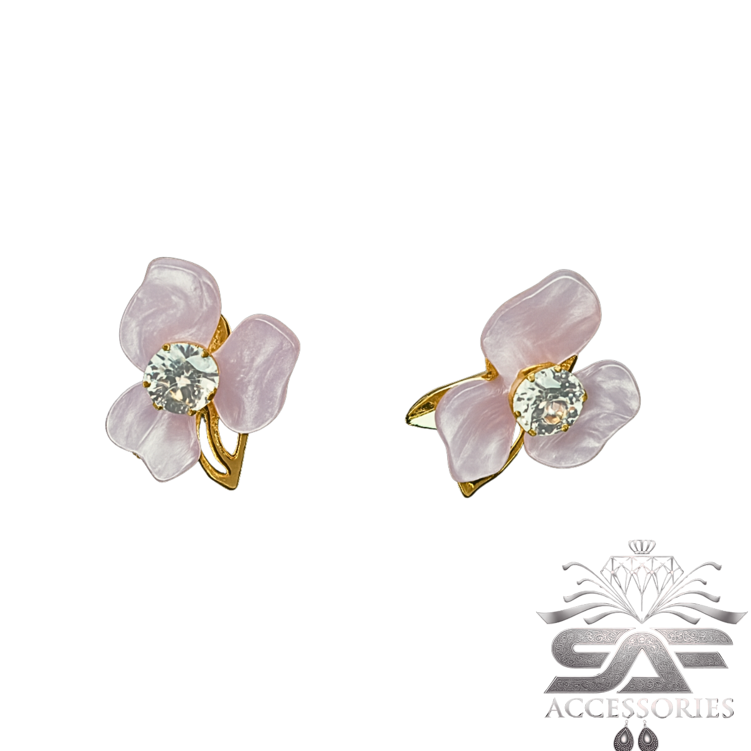 Floral Purple Stud with Crystal Center Earrings