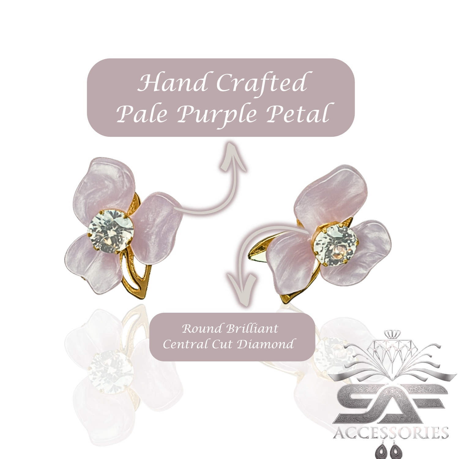 Floral Purple Stud with Crystal Center Earrings