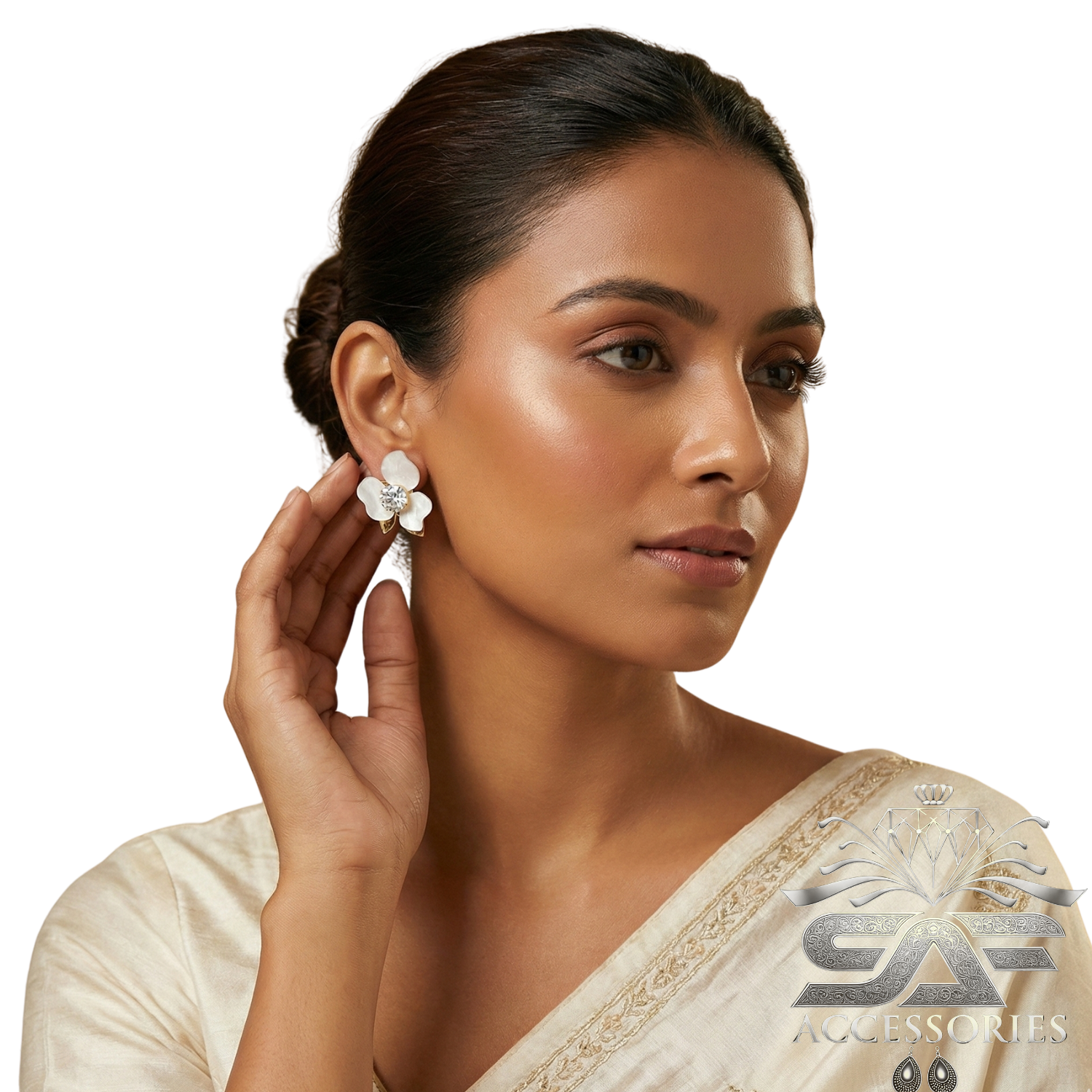 Floral White Stud with Crystal Center Earrings