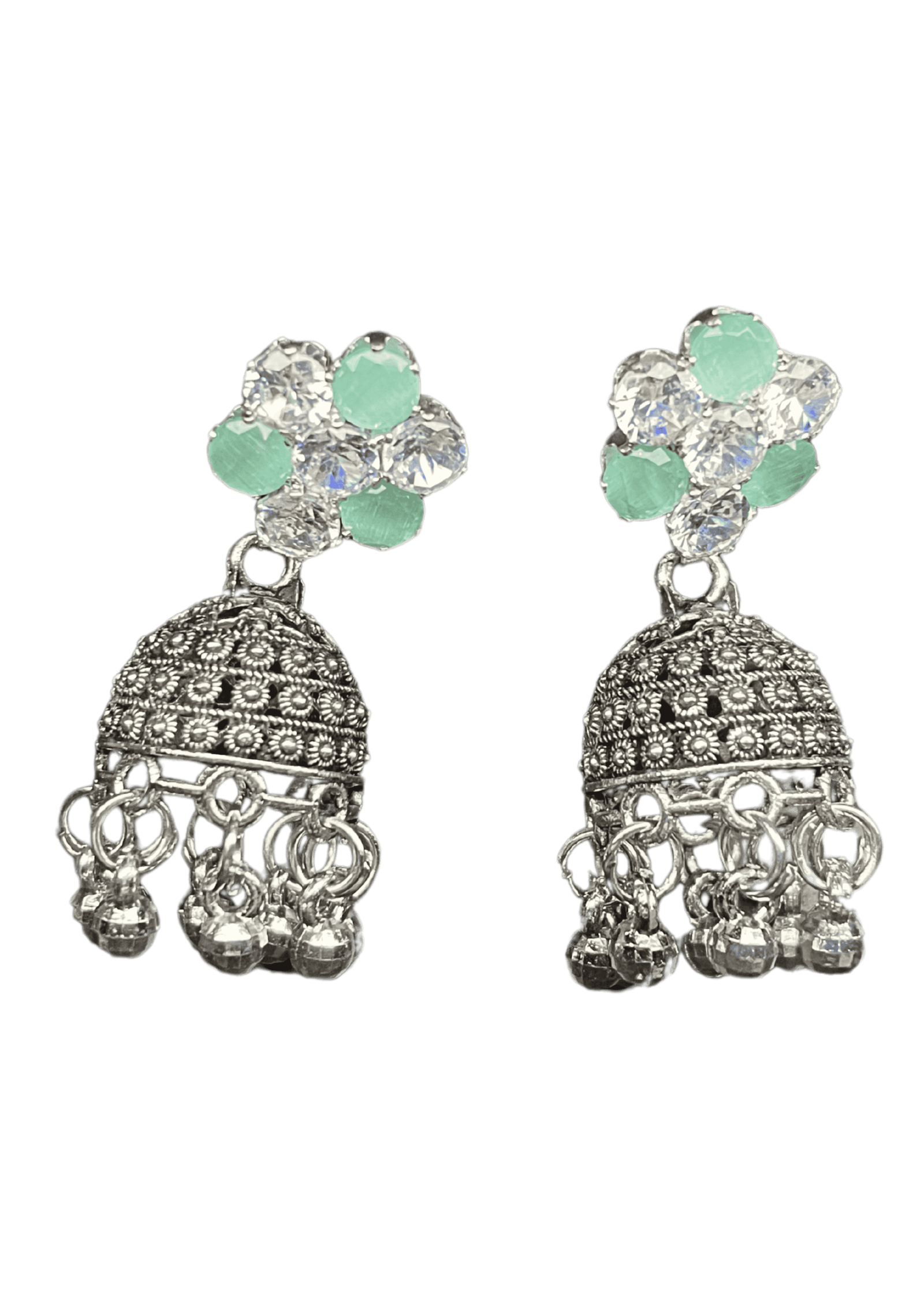 Green Crystal Studded Silver Jhumka Earrings