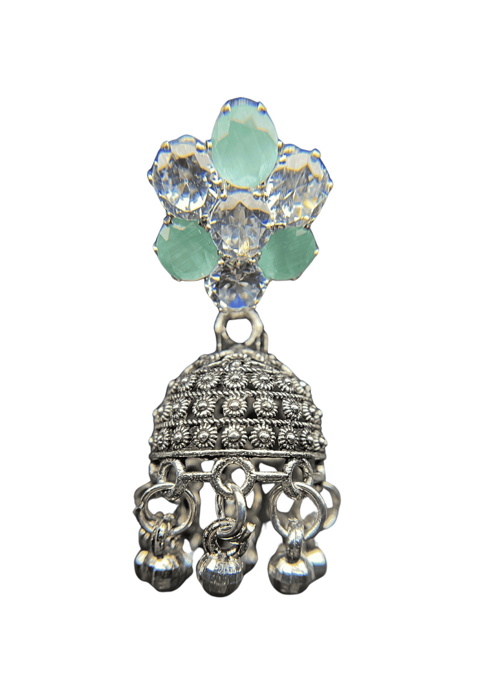 Green Crystal Studded Silver Jhumka Earrings