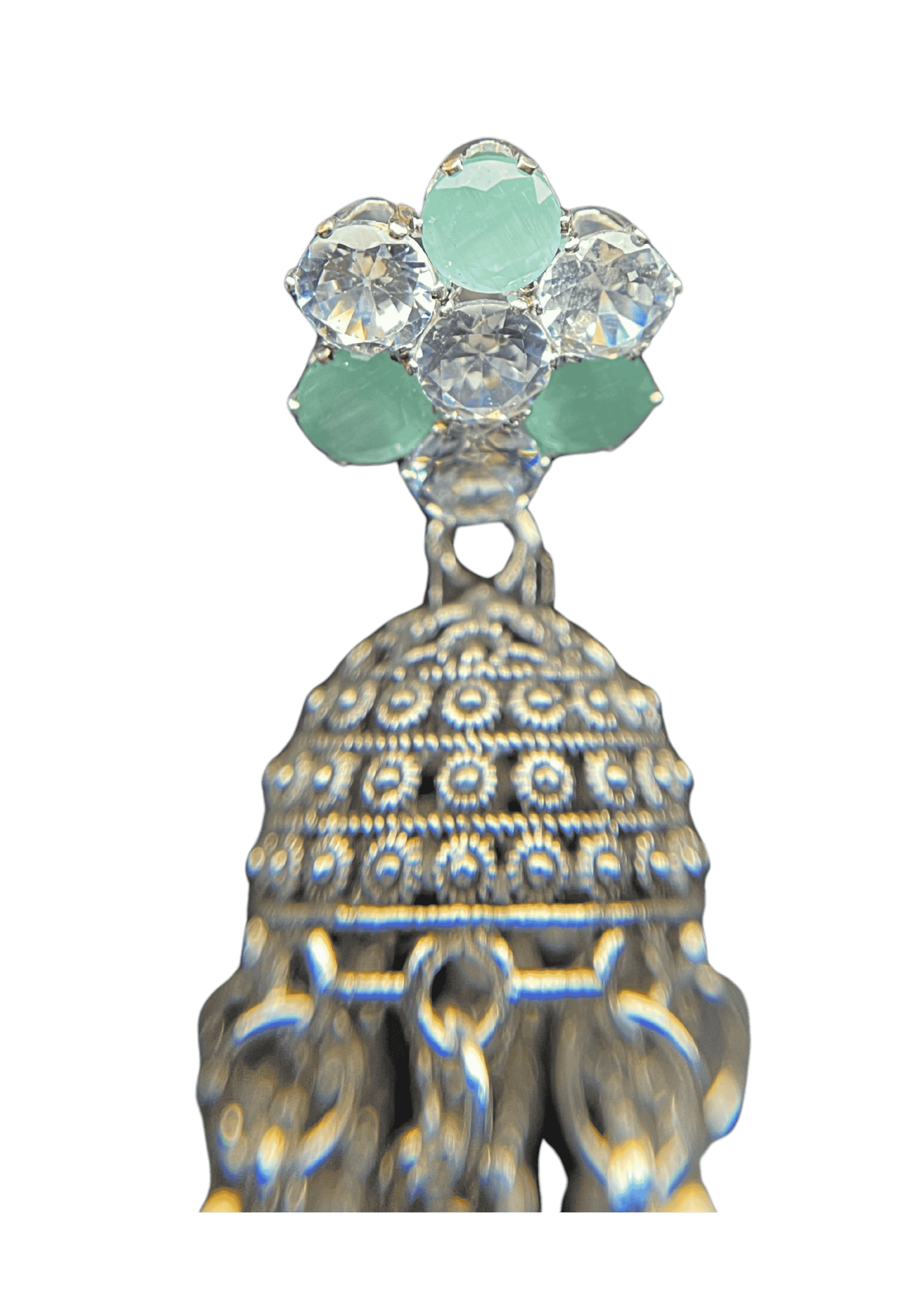 Green Crystal Studded Silver Jhumka Earrings