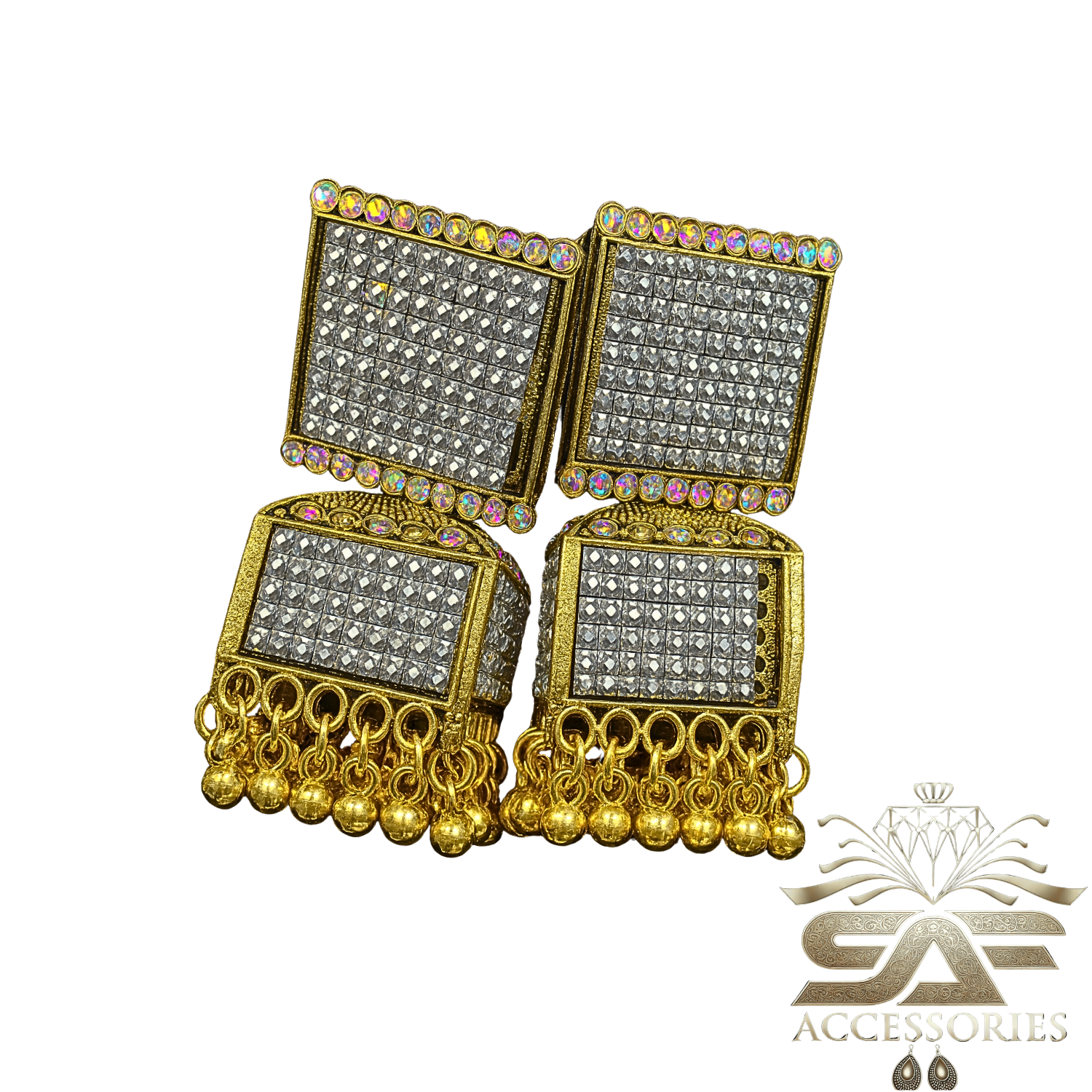 Gold Plated Square Pinjra Jhumka Earrings
