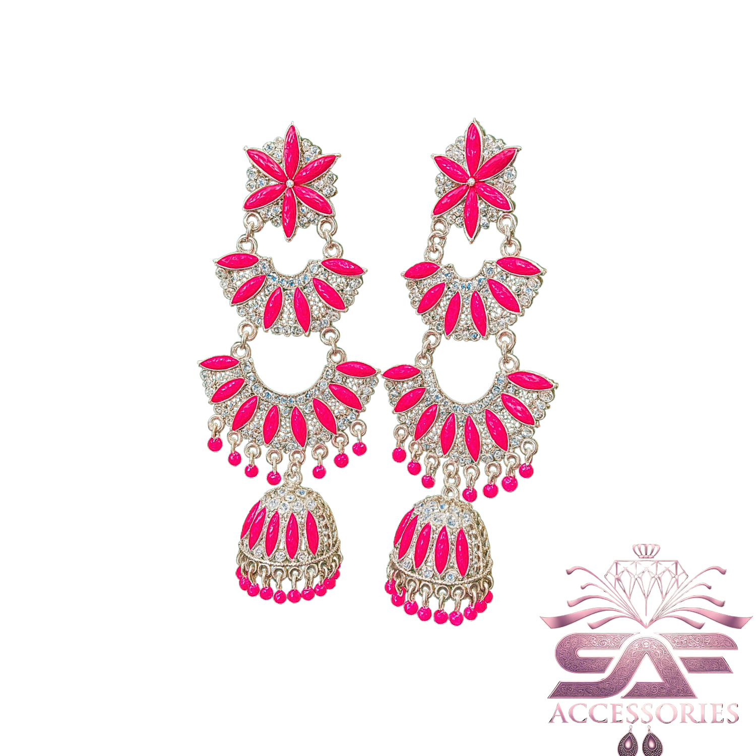 Kundan ChandBali Earing Deep Pink