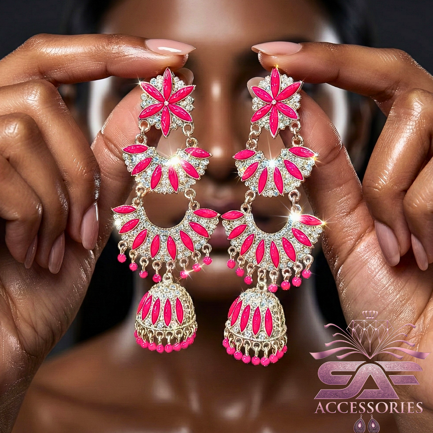 Kundan ChandBali Earing Deep Pink