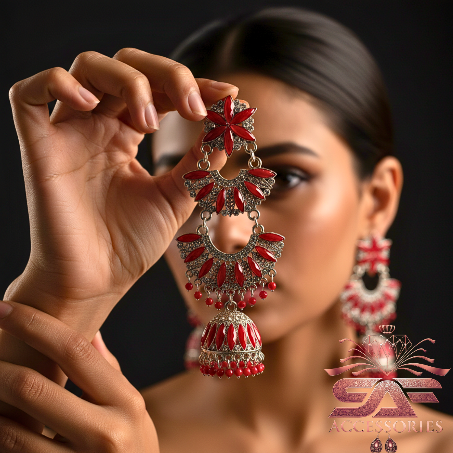 Kundan ChandBali Earing Red