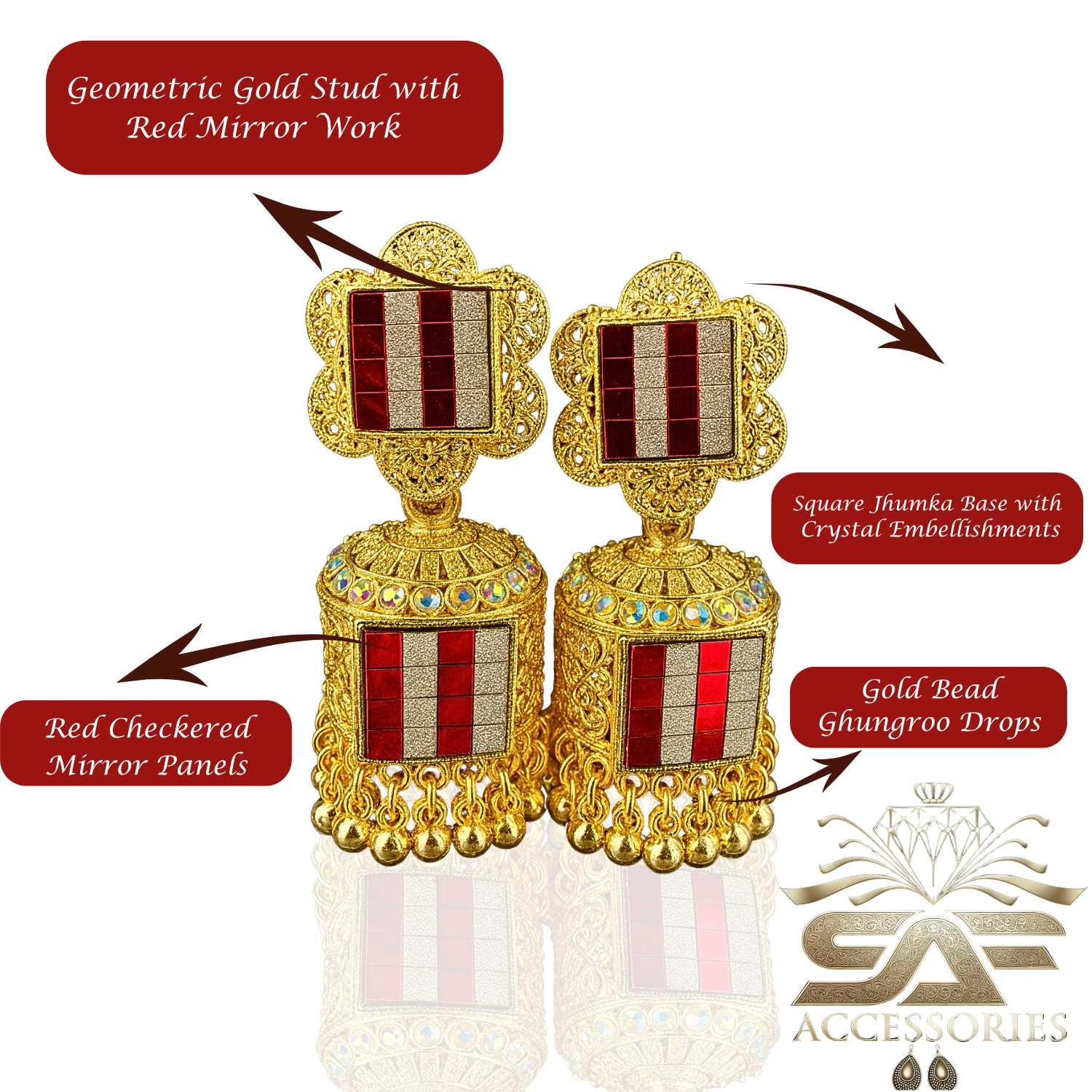 Majestic Red Mirror Mosaic Jhumka Earrings