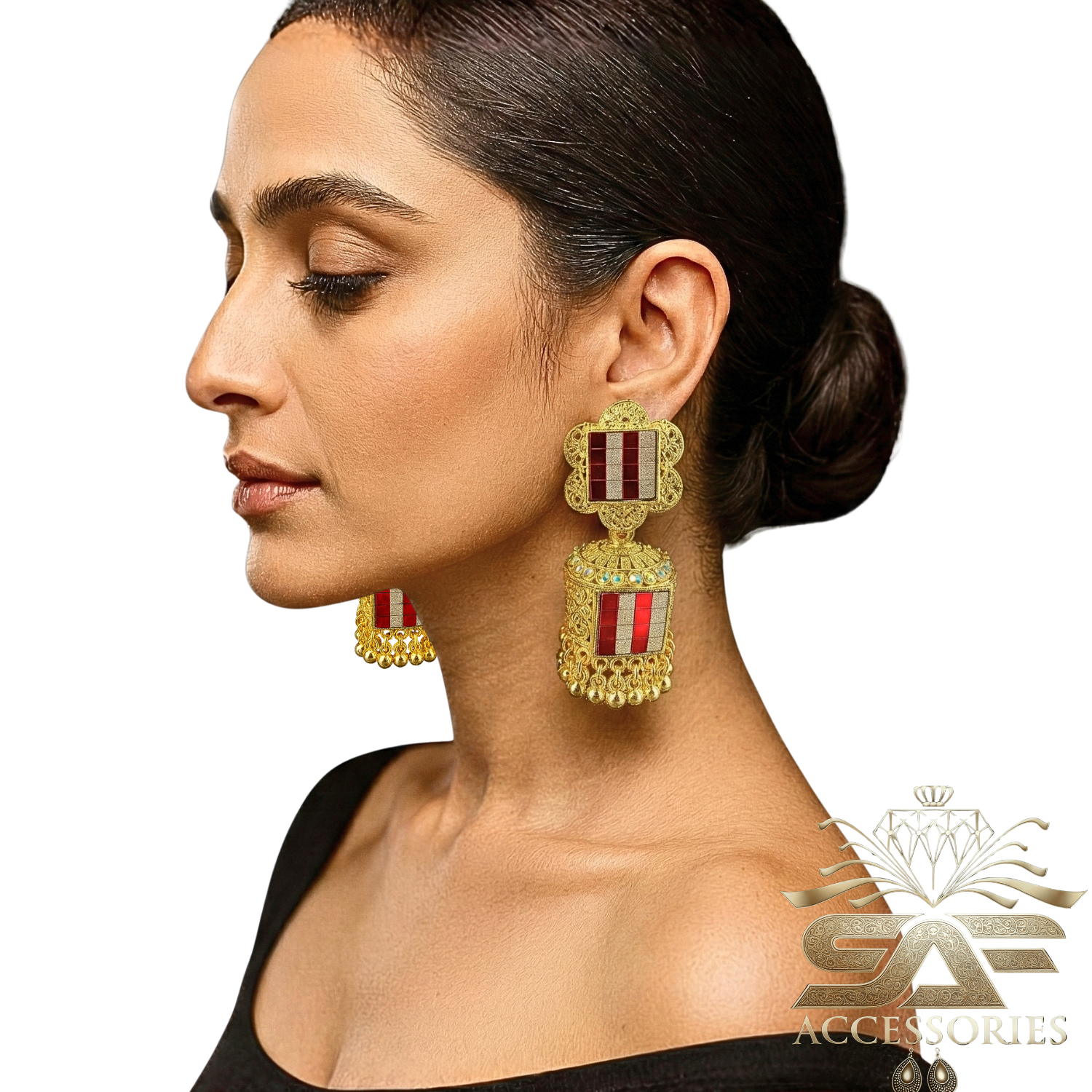 Majestic Red Mirror Mosaic Jhumka Earrings