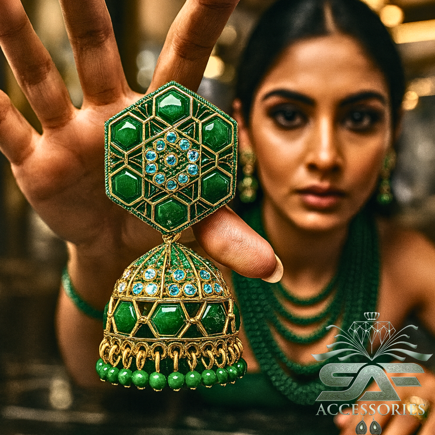 Nawabi Green Kundan Jhumki