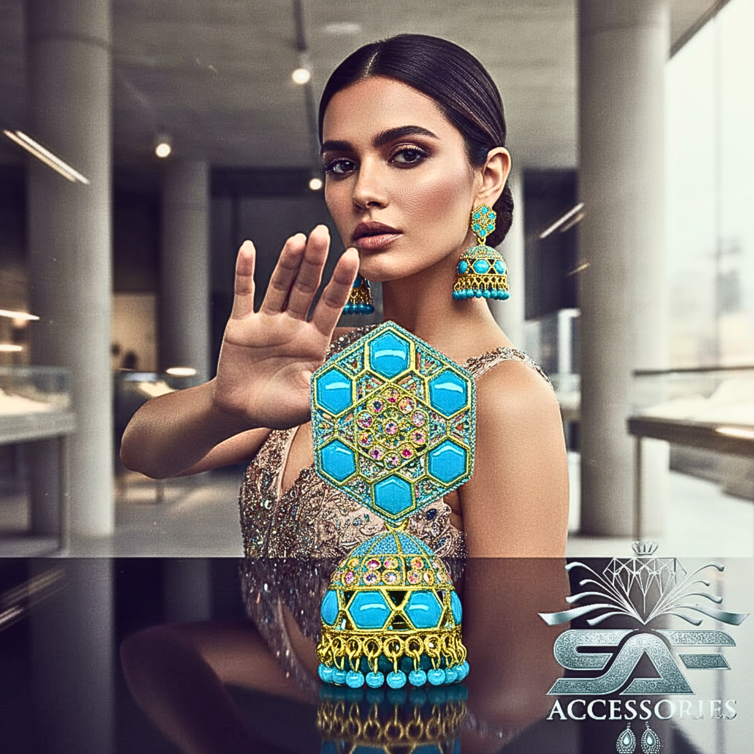 Nawabi Light Blue Kundan Jhumki