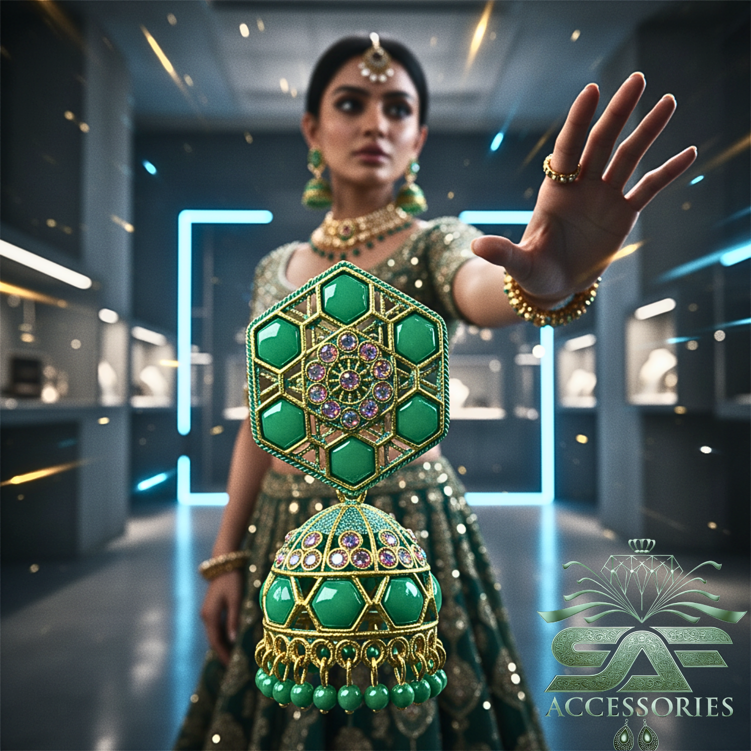 Nawabi Light Green Kundan  Jhumki