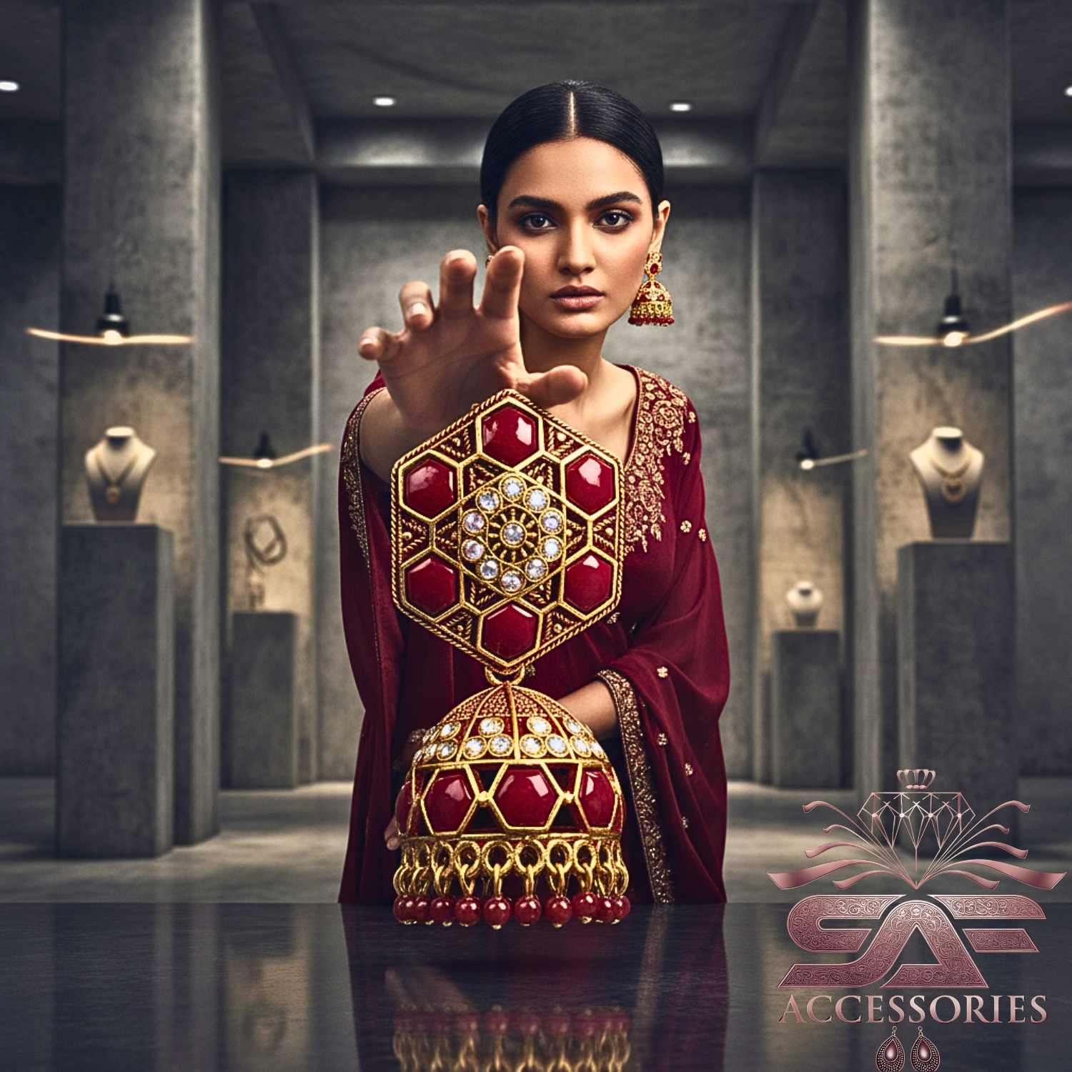 Nawabi Maroon Kundan Jhumki