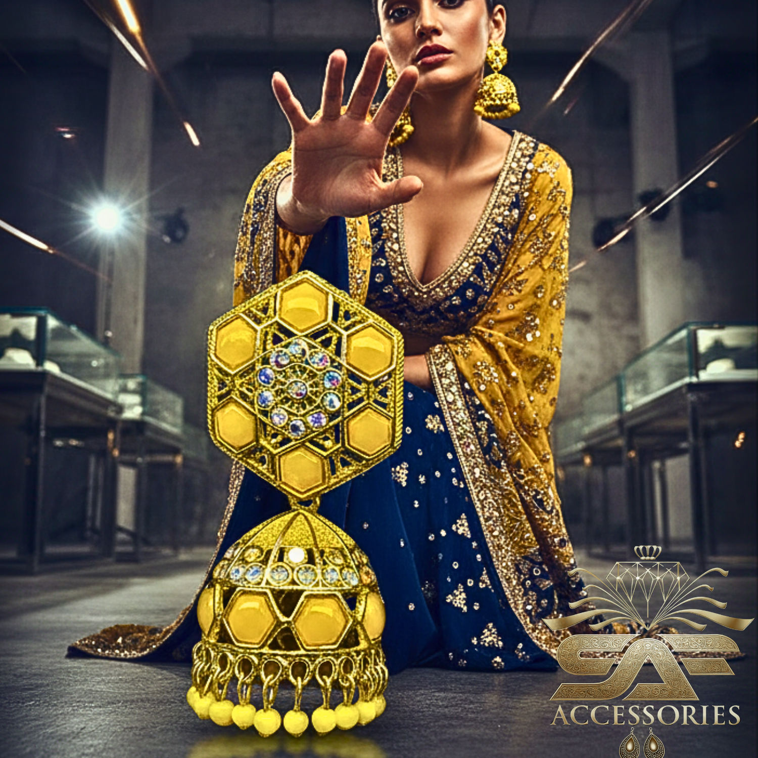 Nawabi Yellow Kundan Jhumki