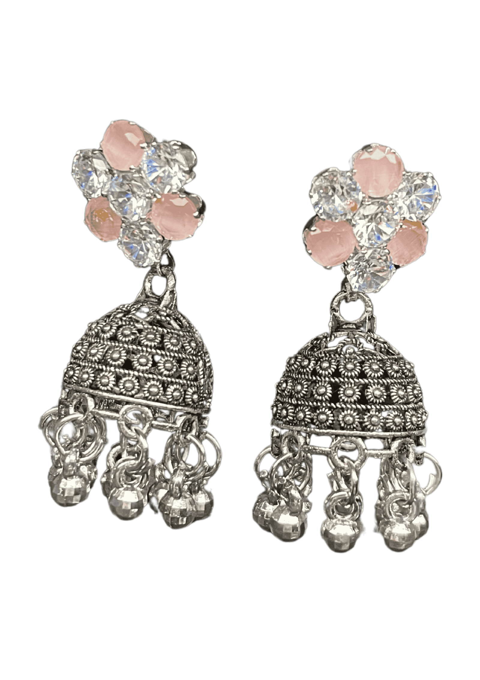 Pink Crystal Studded Silver Jhumka Earings