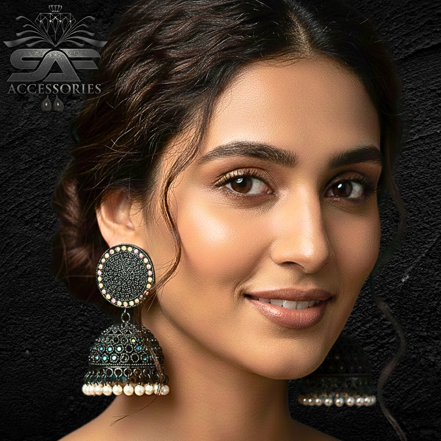 Rainbow Studded Black Dome Jhumka Earings