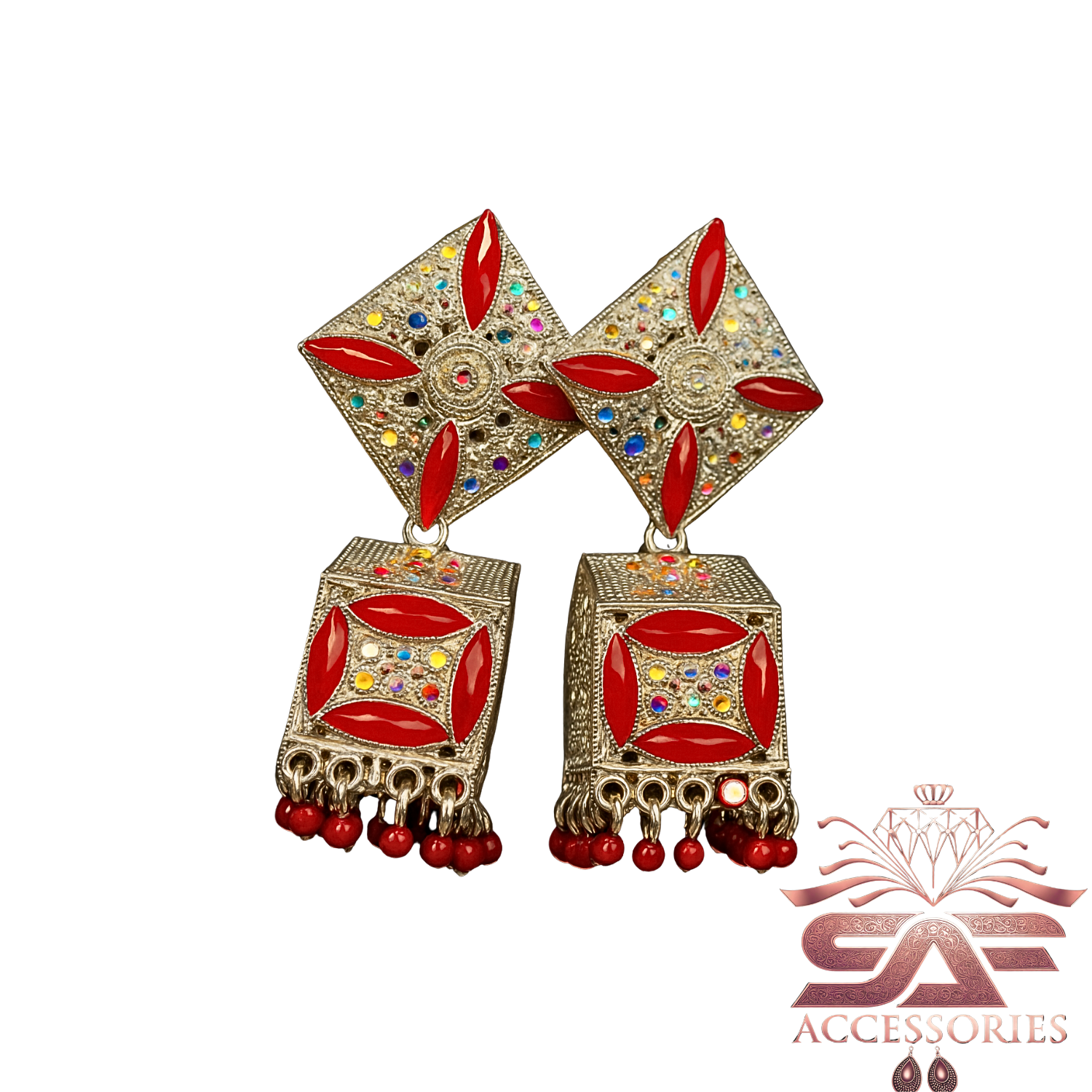 Red Stone Studded Geometric Jhumka Earings