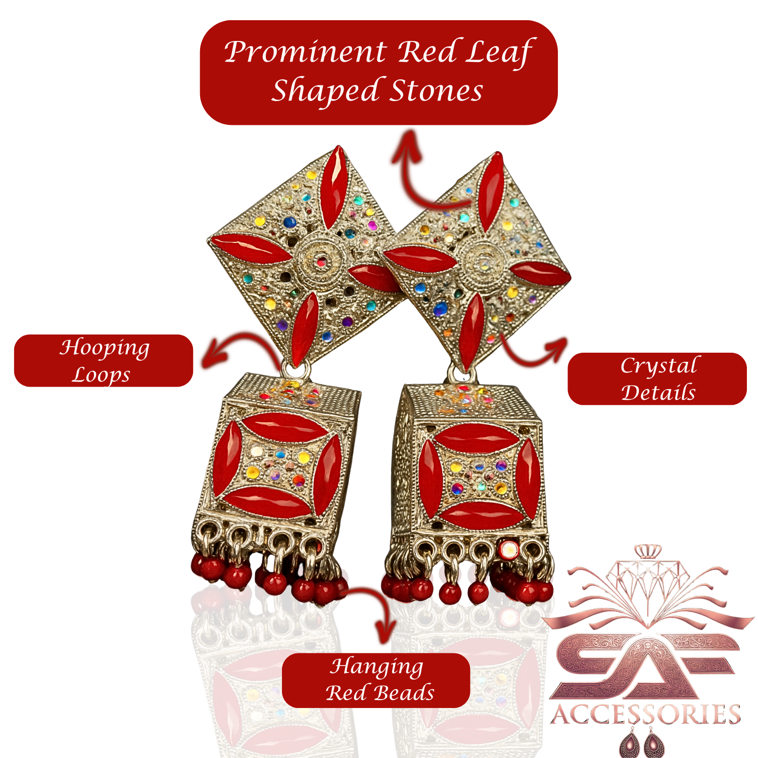 Red Stone Studded Geometric Jhumka Earings