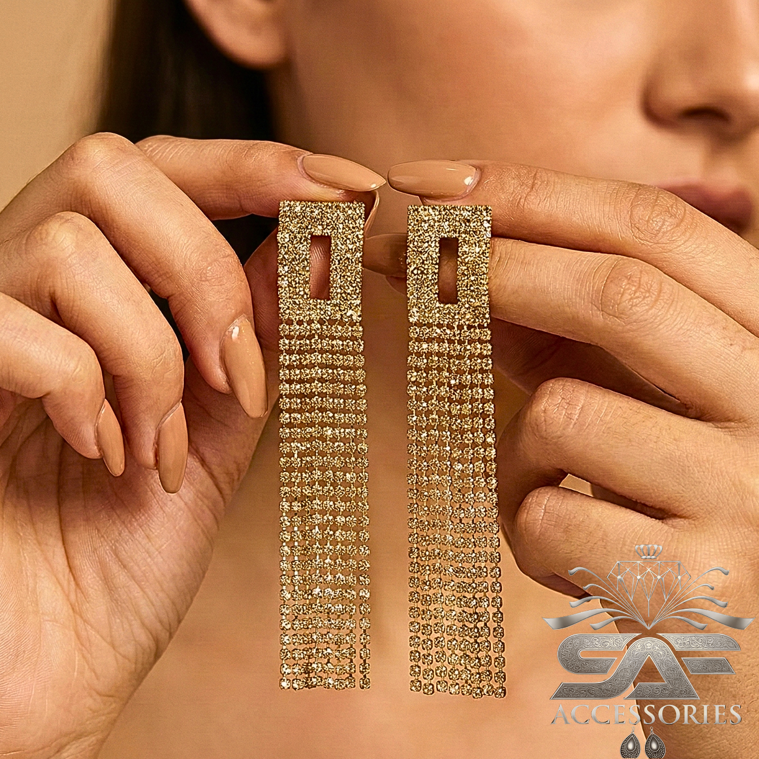 Sparkling Square Crystal Tassel Earings