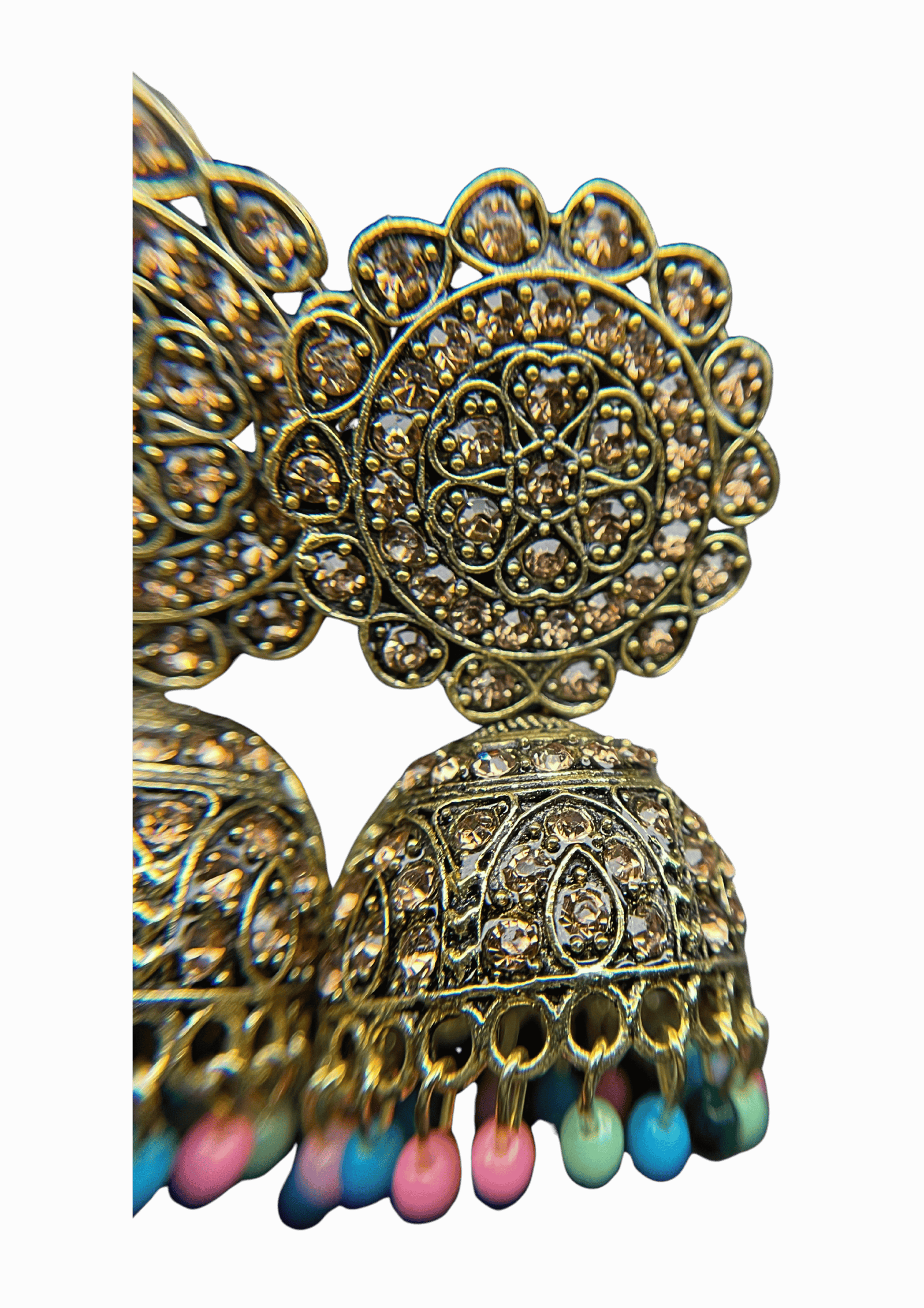 Traditional Golden Jhumkas & Maang Teeka Set with Floral Design and Multi-Color Beads